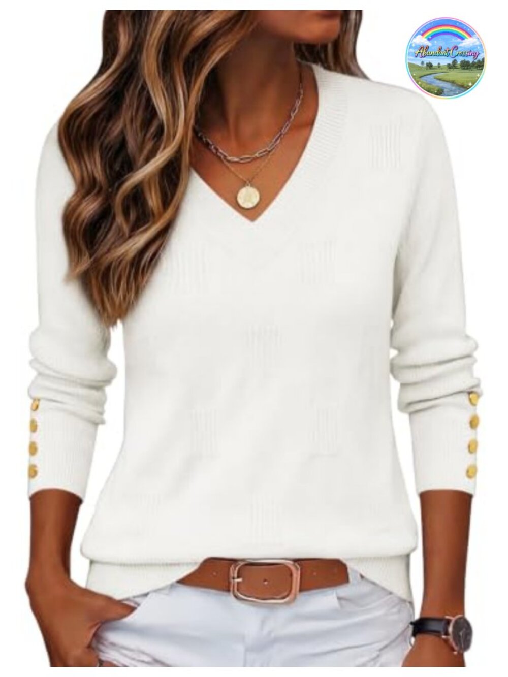 Women's V-Neck Ribbed Long Sleeve Pullover Sweater with Button Cuffs,